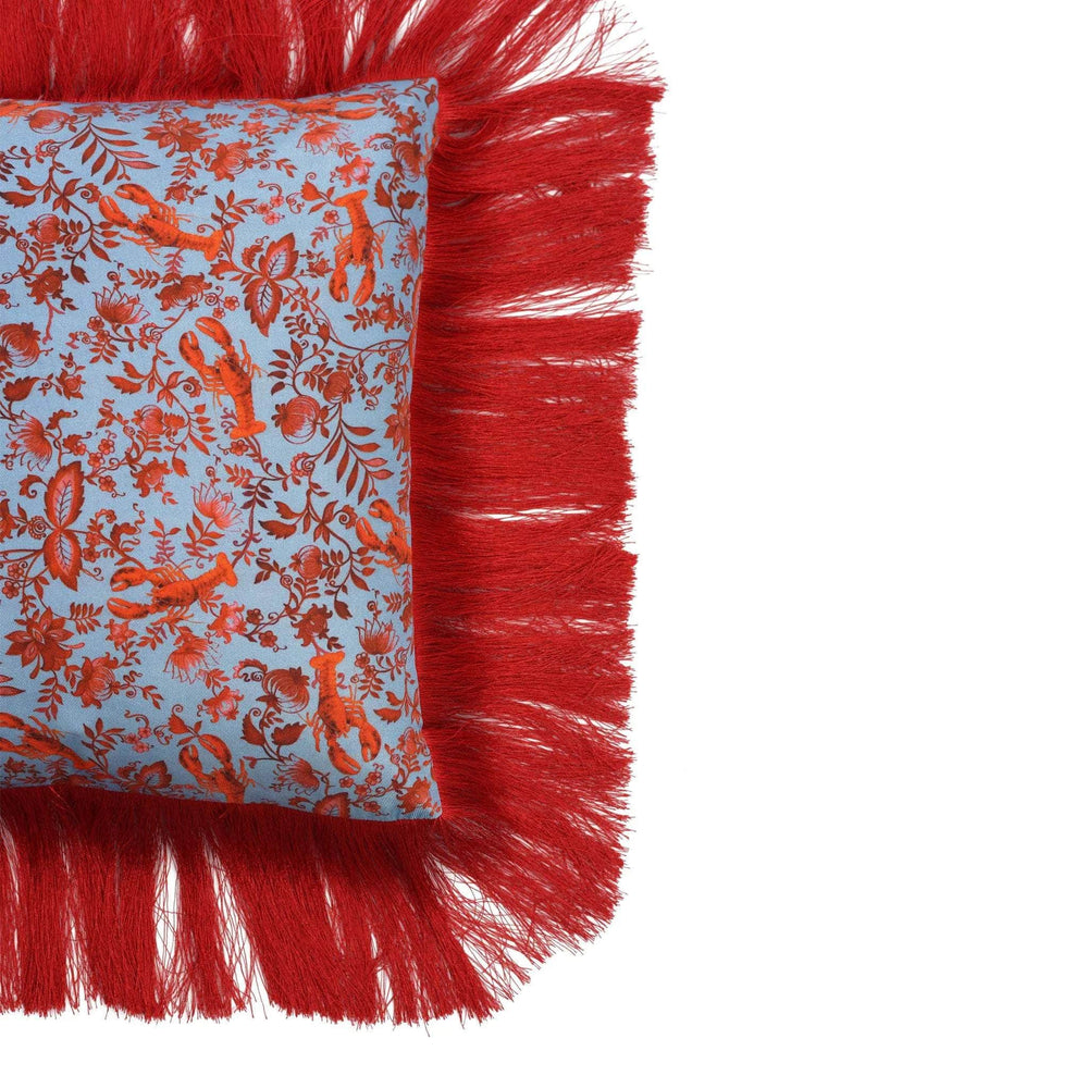 Silk Twill and Velvet Red Lobster-Print Cushion with Fringes