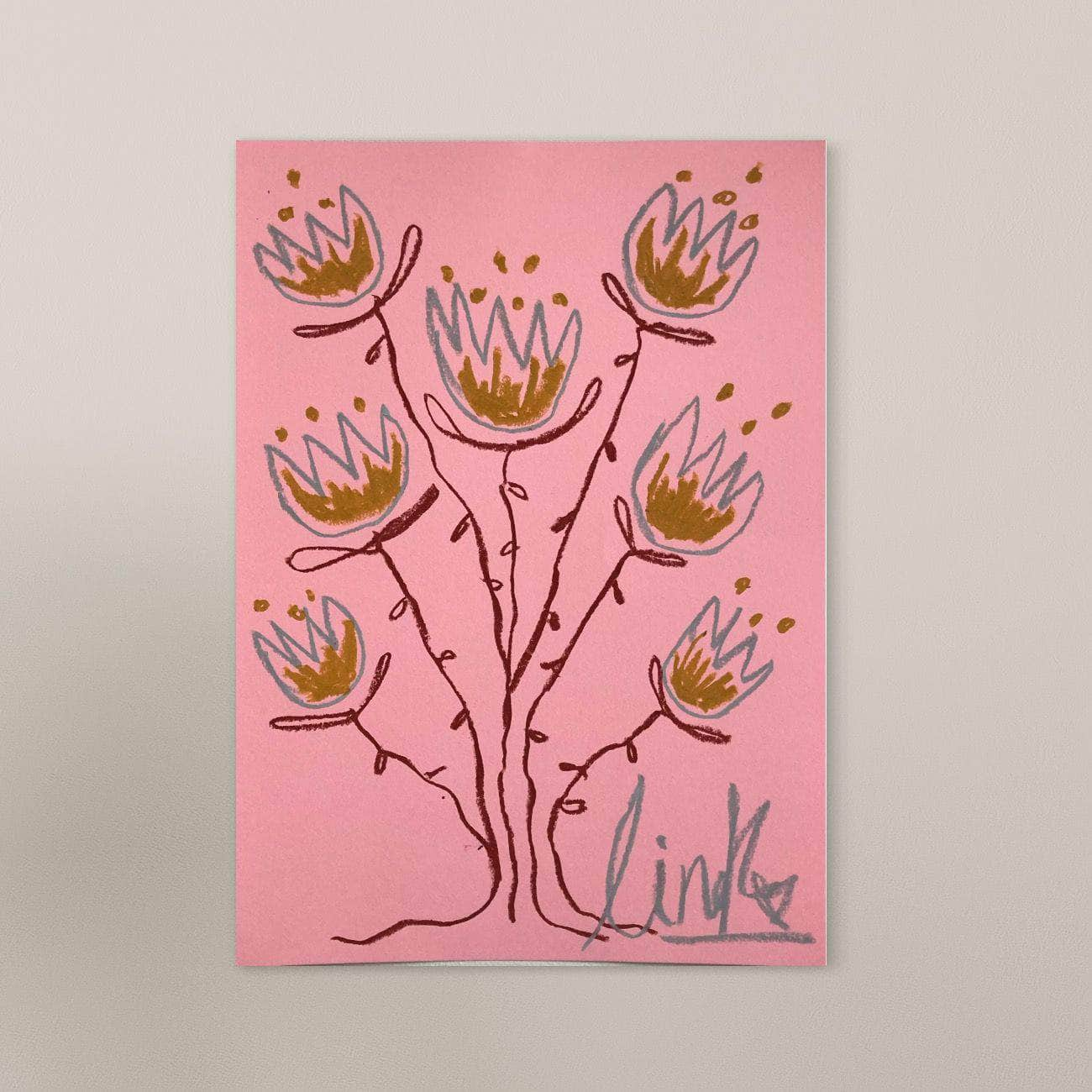 Silver & Gold Flowers on Pink Background | Original Painting A3