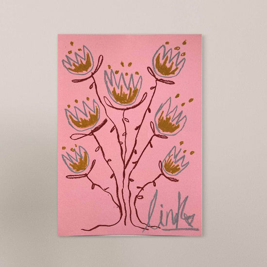 Silver & Gold Flowers on Pink Background | Original Painting A3