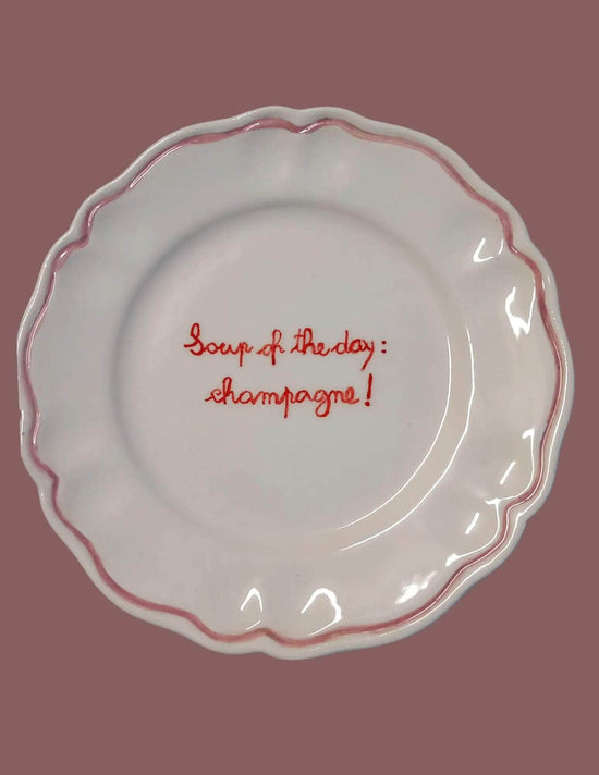 Sveva's Home Ceramic "Soup of the day: Champagne!" Scalloped Plate Set of 4