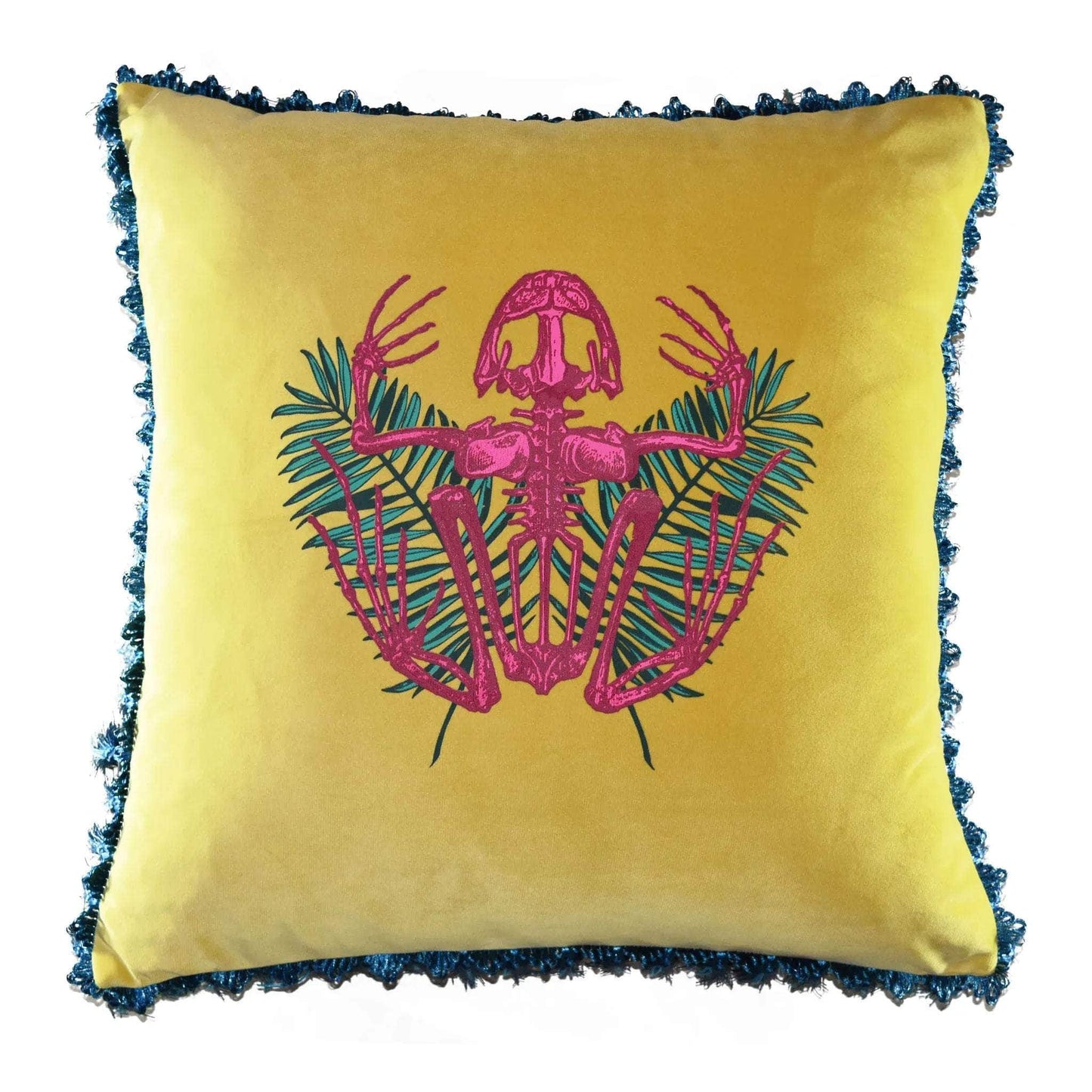 Velvet Frog Print Rana Lime Yellow Cushion with Tassels