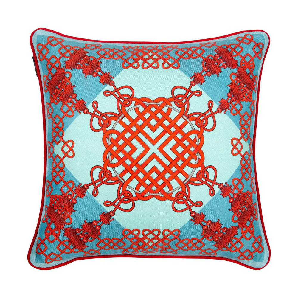 Silk Twill Blue & Red Xanadu Chinese Knot Print Cushion