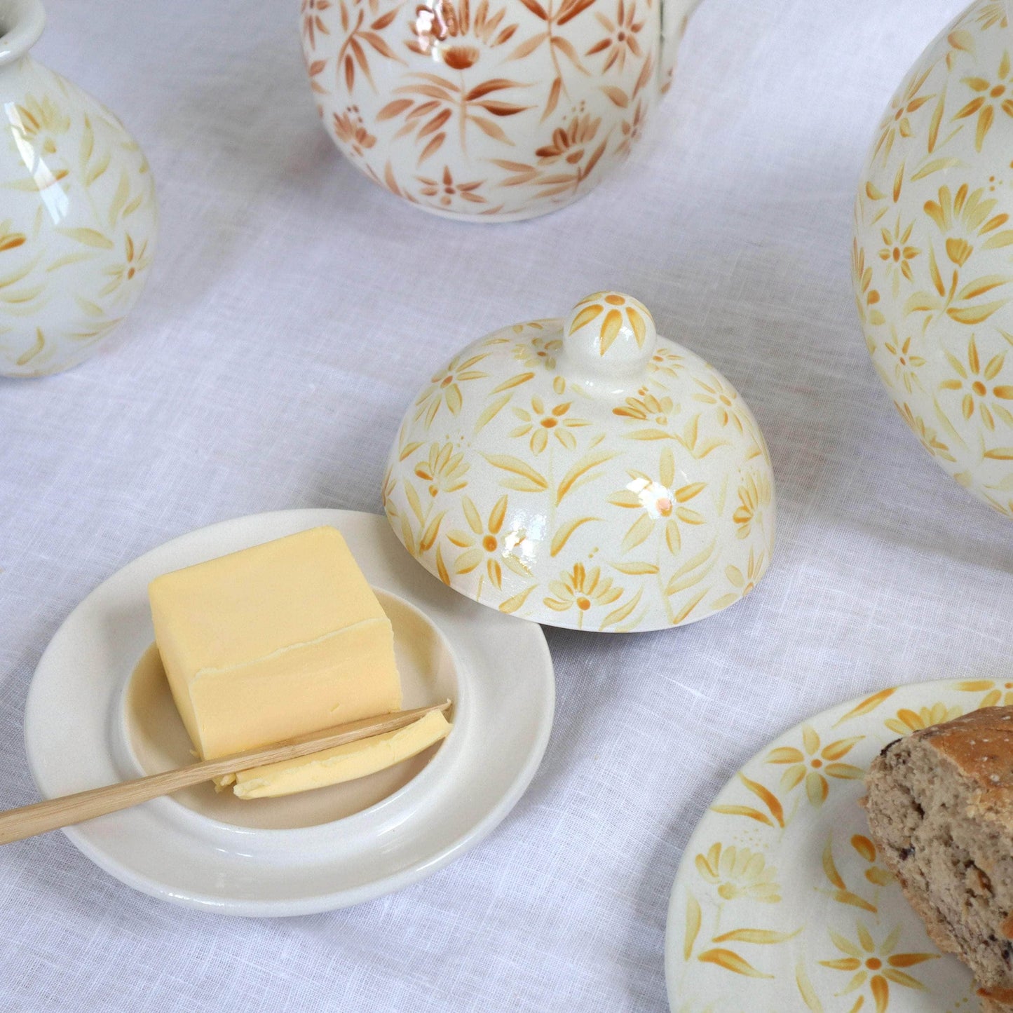 'Sunburst' Hand Painted Floral Round Butter Jam Dish - Yellow