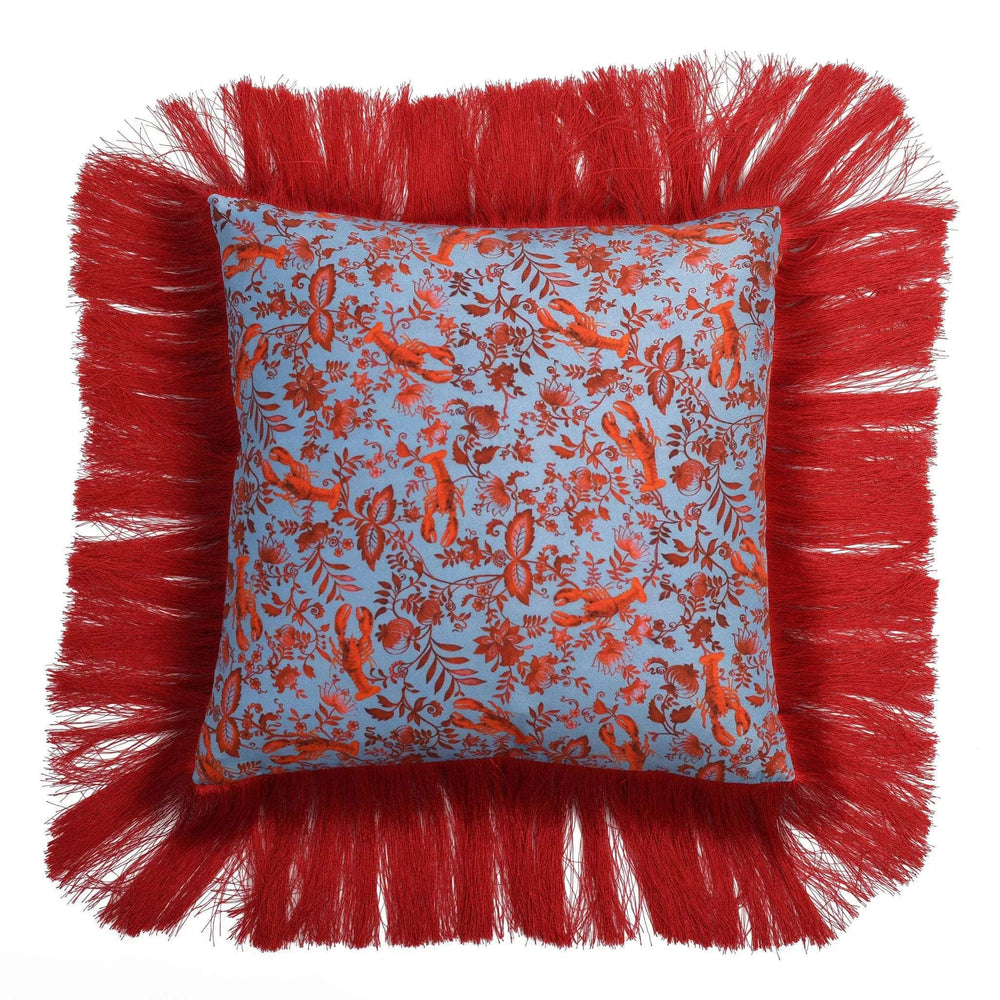 Silk Twill and Velvet Red Lobster-Print Cushion with Fringes