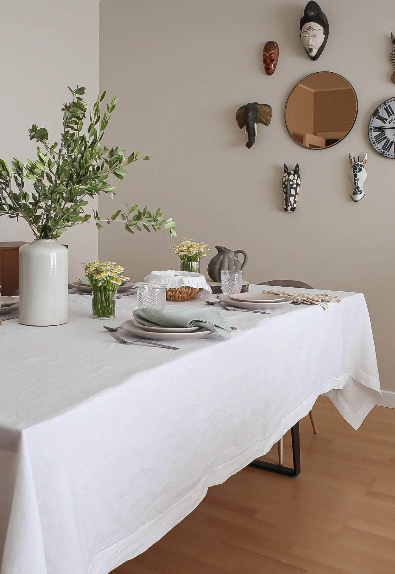 Hemstitch Linen/Cotton Tablecloth, White-don't put live pls