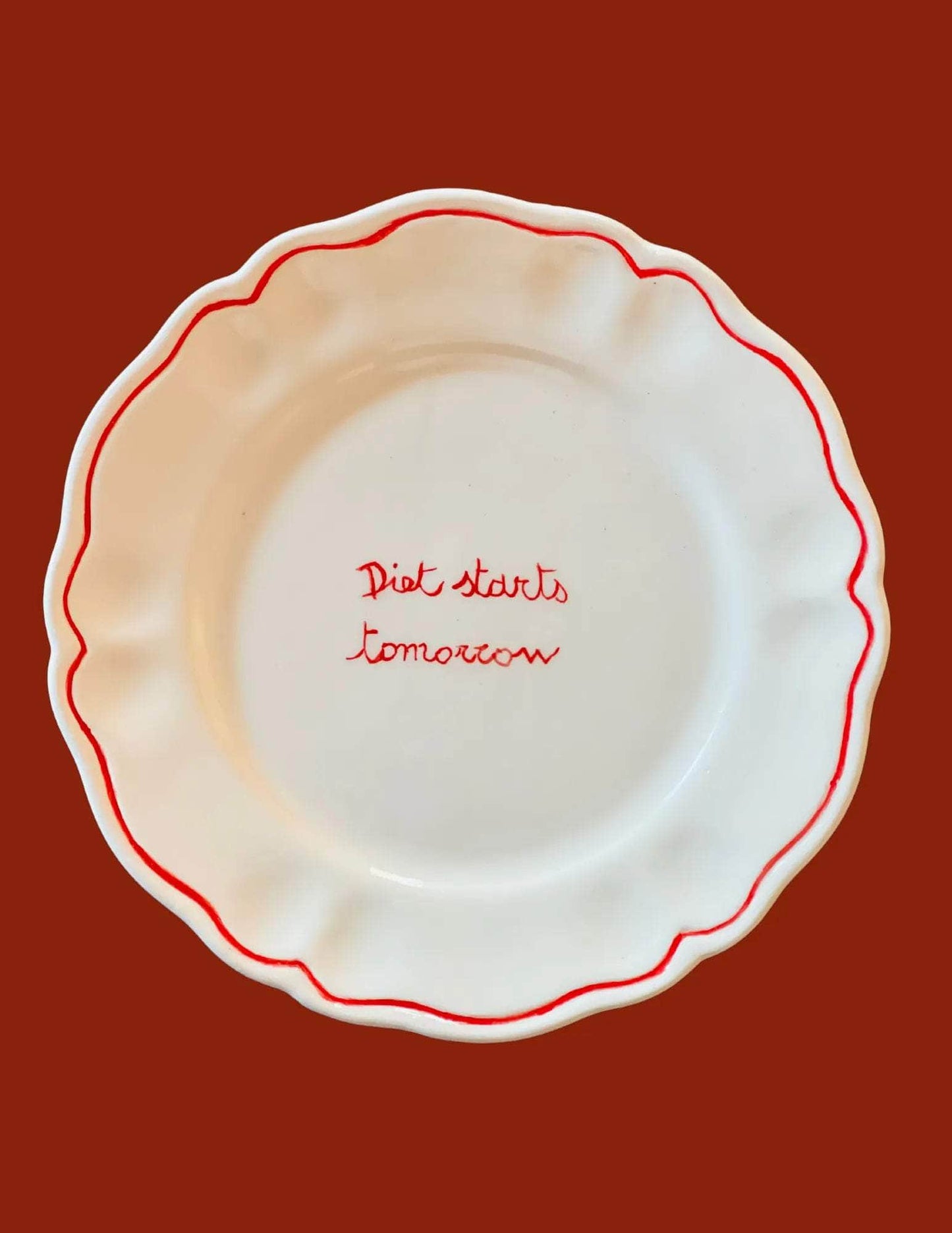 Sveva's Home Ceramic "Diet Starts Tomorrow" Scalloped Plate Set of 4