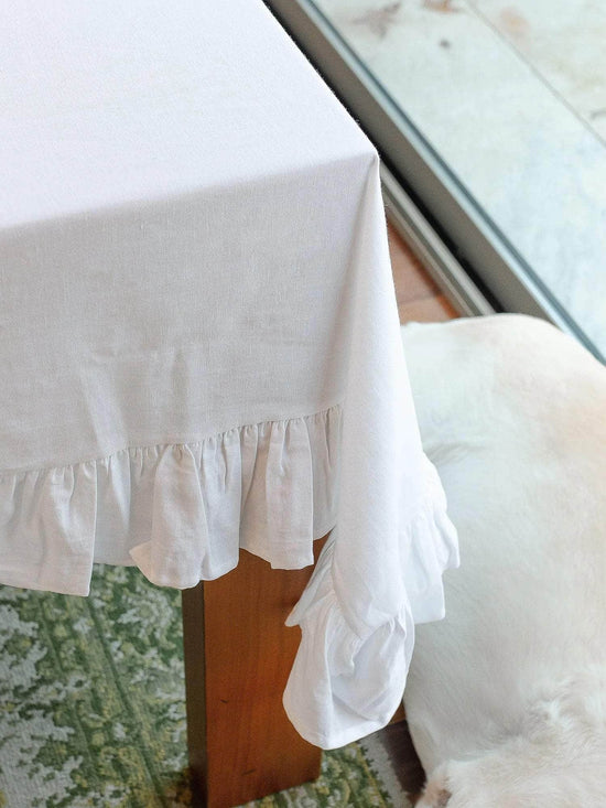 Ruffle Linen/Cotton Tablecloth, White-don't put live pls