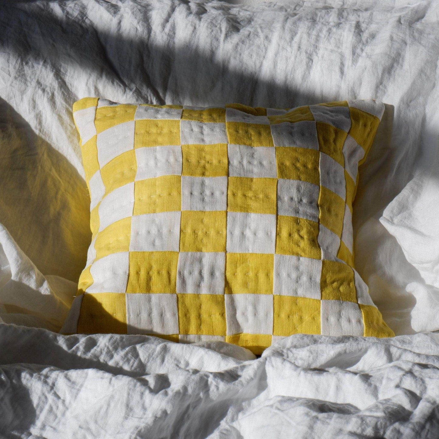 Square Chequered Cushion in Yellow